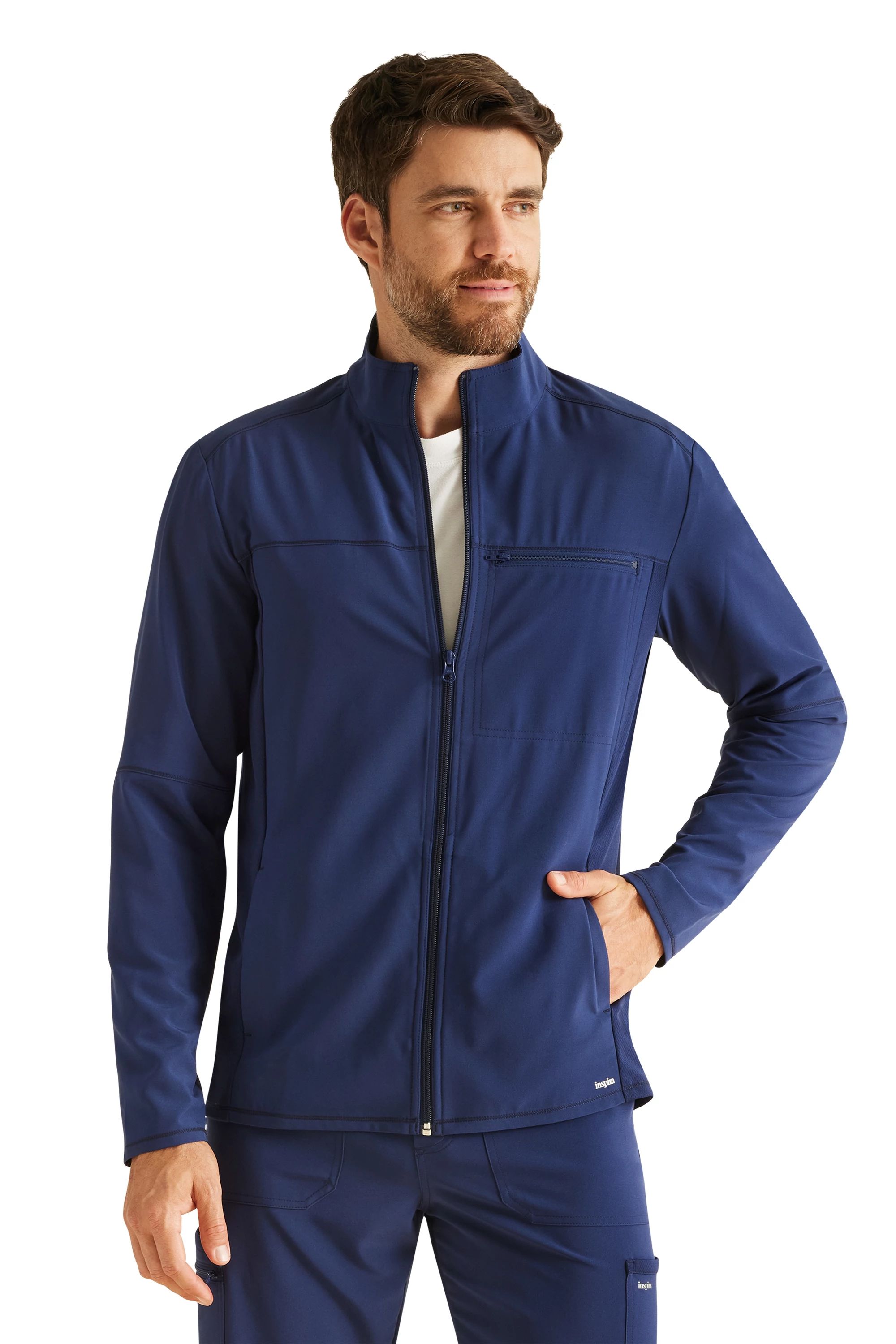 Inspira Flex IP332A NEW Men&#8216;s Zip Front 3 Pocket Lightweight Scrub Jacket with Mesh Sleeve Panels and Side Panels - Antimicrobial-Inspira