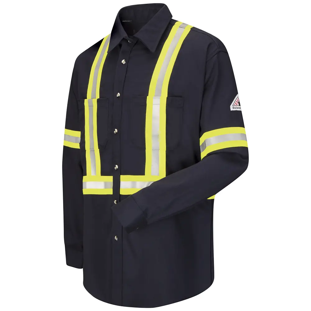 Men&#39;s Midweight FR Enhanced Visibility Uniform Shirt with Reflective Trim-Bulwark