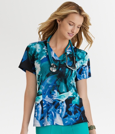 Printed scrub tops for pediatric and healthcare professionals
