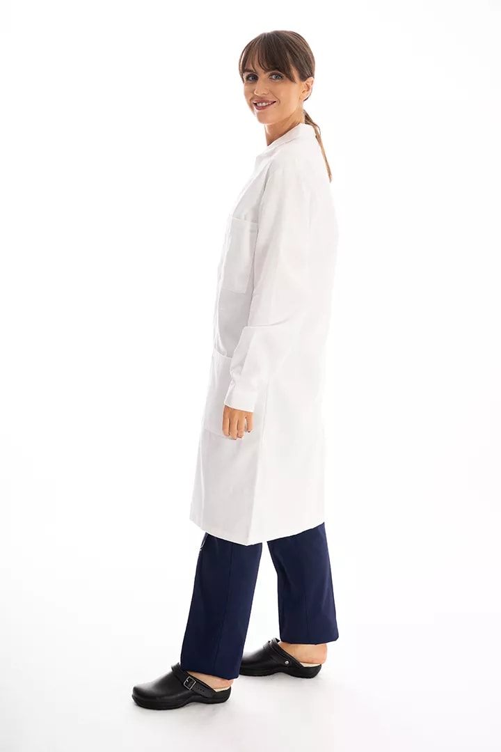 Woman in white lab coat