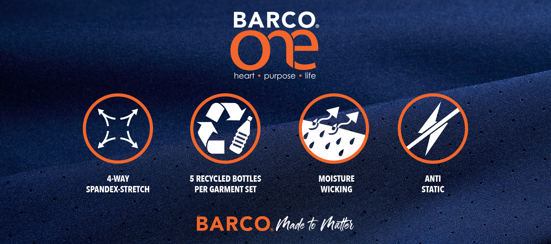 Try new Barco One scrubs and enjoy 5 points of performance, including moisture-wicking, odor control, seamless styling, chafe-free fabric and four-way stretch for the ultimate in cool, controlled comfort.