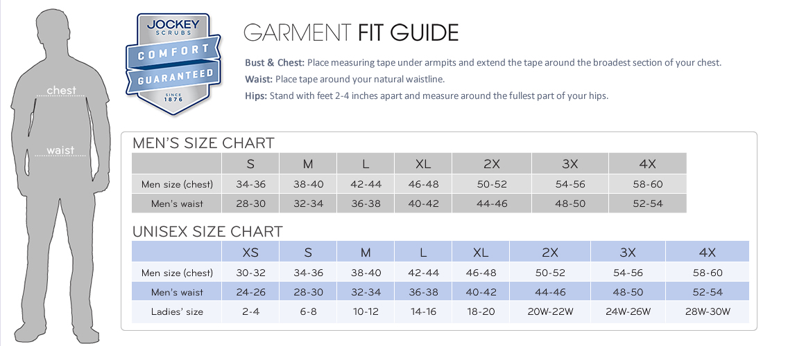 Jockey Men's 2305 7 Pocket Cargo Nursing Scrub Pants - Sizing Information