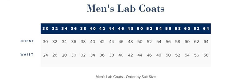 Landau men's white lab coats sizing chart